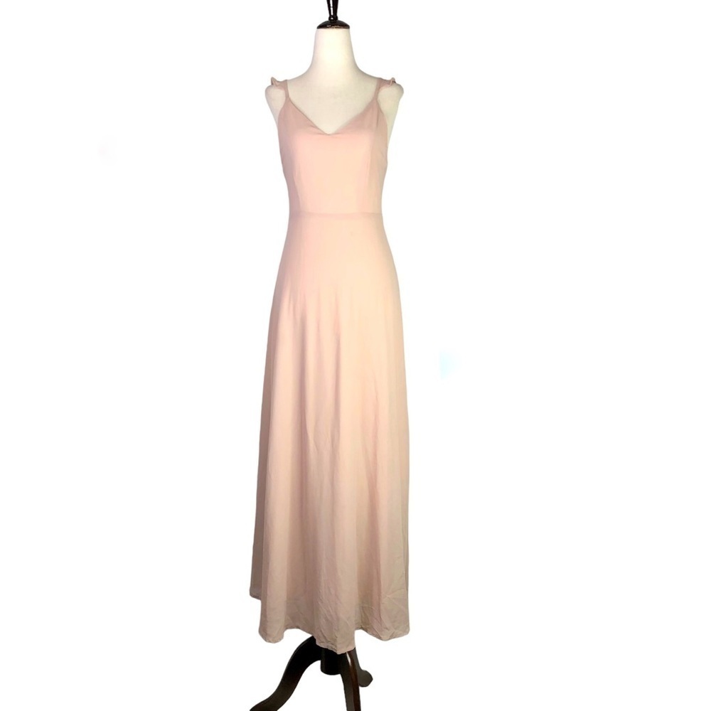 Lulus maxi dress beige crepe spaghetti straps ruffle open back buttons Small